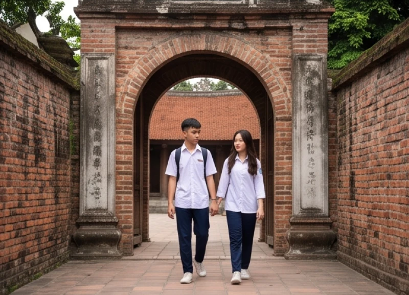 Học sinh mặc áo sơ mi trắng quần dài chỉnh tề khi bước qua cổng chính của Văn Miếu Quốc Tử Giám