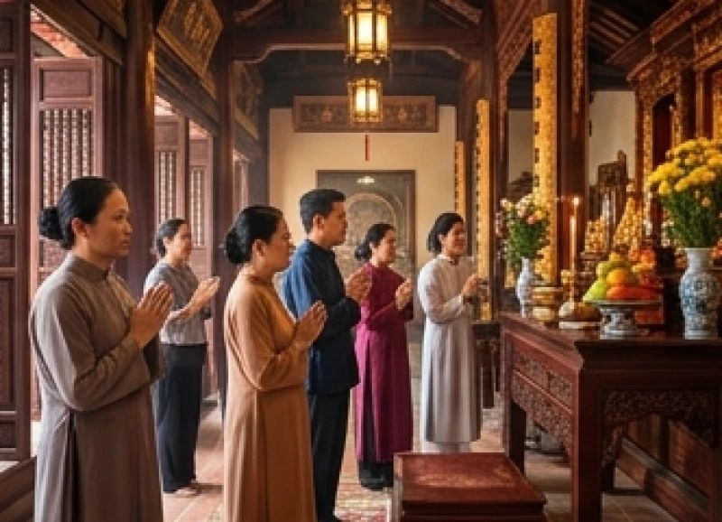 Khách hành hương mặc trang phục kín đáo và lịch sự khi di chuyển bên trong chánh điện miếu Bà