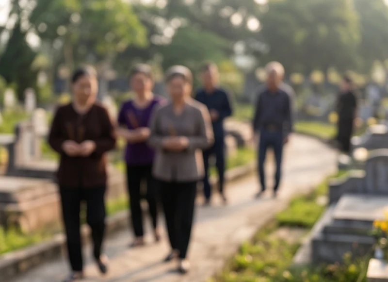 Những người tham gia tảo mộ mặc trang phục tối màu và lịch sự nghiêm trang