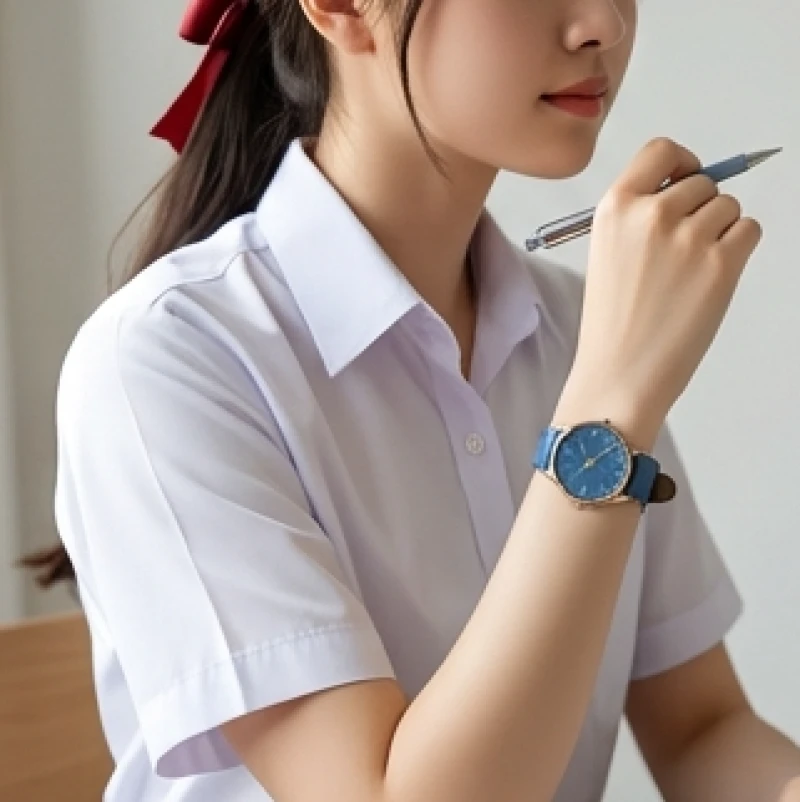 Nữ sinh mặc áo sơ mi trắng kết hợp phụ kiện màu đỏ mang lại nguồn may mắn trong phòng thi