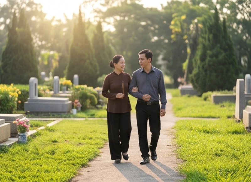 Những người đi viếng nghĩa trang mặc trang phục tối màu, kín đáo và lịch sự khi di chuyển qua các lối đi chung