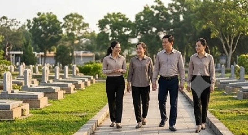 Văn khấn tảo mộ ngày giỗ: Bài cúng chuẩn cho Giỗ đầu & Giỗ thường 8 Các thành viên trong gia đình mặc trang phục sơ mi tối màu và áo khoác kín đáo khi đi thực hiện nghi lễ ngoài nghĩa trang