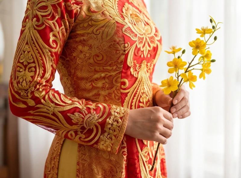 Trang phục màu đỏ, vàng tươi sáng của người xông đất góp phần tô điểm thêm không khí rộn ràng đầu xuân