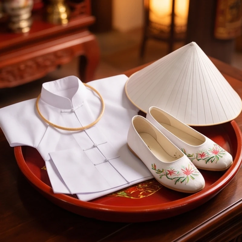 Đồ mã trắng gồm áo dài, nón quai thao và hài thêu dành riêng cho lễ tiệc Bà Chúa Năm Phương