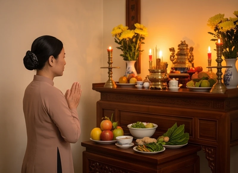 Văn khấn ngày giỗ chuẩn truyền thống: Trình tự nghi lễ bài bản 8 Người phụ nữ mặc áo lam trang nghiêm chắp tay thành kính đọc văn khấn trước bàn thờ