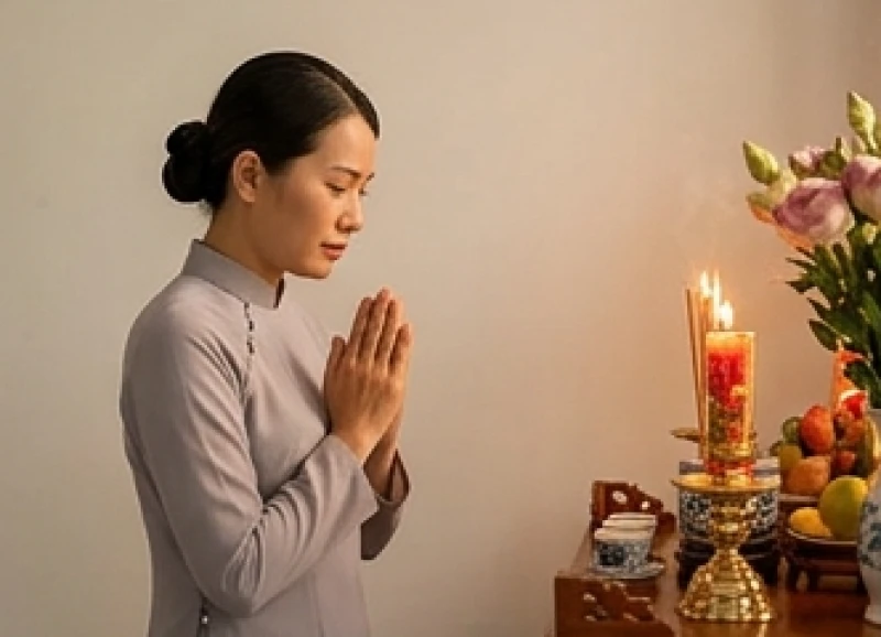 Văn khấn xin lộc buôn bán: Bài cúng chuẩn và cách giữ tài lộc 9 Người phụ nữ mặc trang phục kín đáo, chắp tay thành kính đọc lời khấn trước bàn thờ Thần Tài