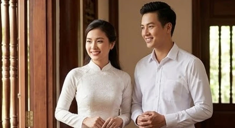 Văn khấn lễ lại mặt: Mẫu chuẩn nhà gái và trình tự dâng hương 8 Cô dâu mặc áo dài và chú rể mặc sơ mi thanh lịch trong ngày về thăm nhà gái