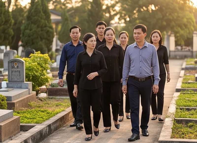 Những người tham gia lễ tạ mộ mặc trang phục tối màu, sơ mi dài tay kín đáo và lịch sự đúng chuẩn mực