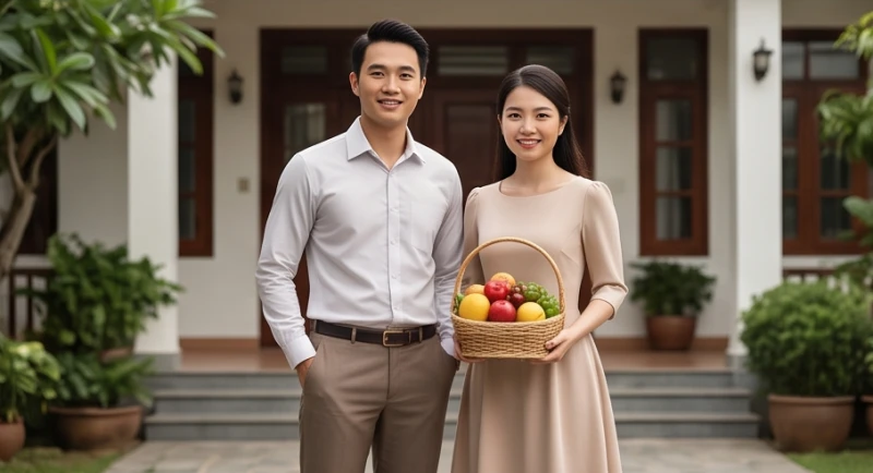 Cặp đôi mặc trang phục thanh lịch nhã nhặn tự tin chuẩn bị bước vào nhà người yêu