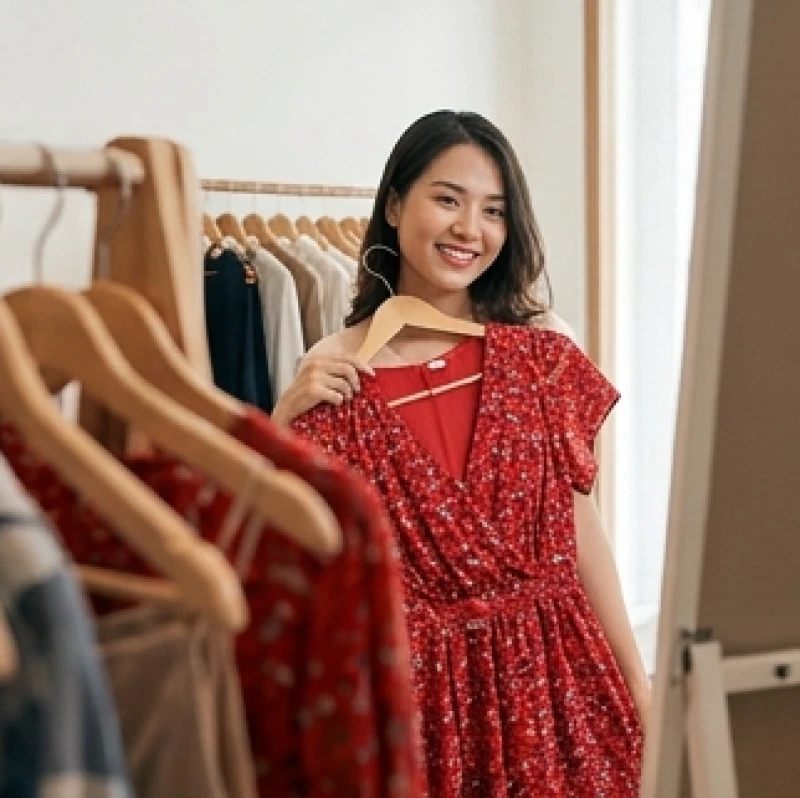 Mơ thấy mua quần áo: Giải mã chi tiết và bảng tra số tài lộc 5 Cô gái ướm thử chiếc váy màu đỏ rạng rỡ mang lại cảm giác may mắn và niềm vui bất ngờ