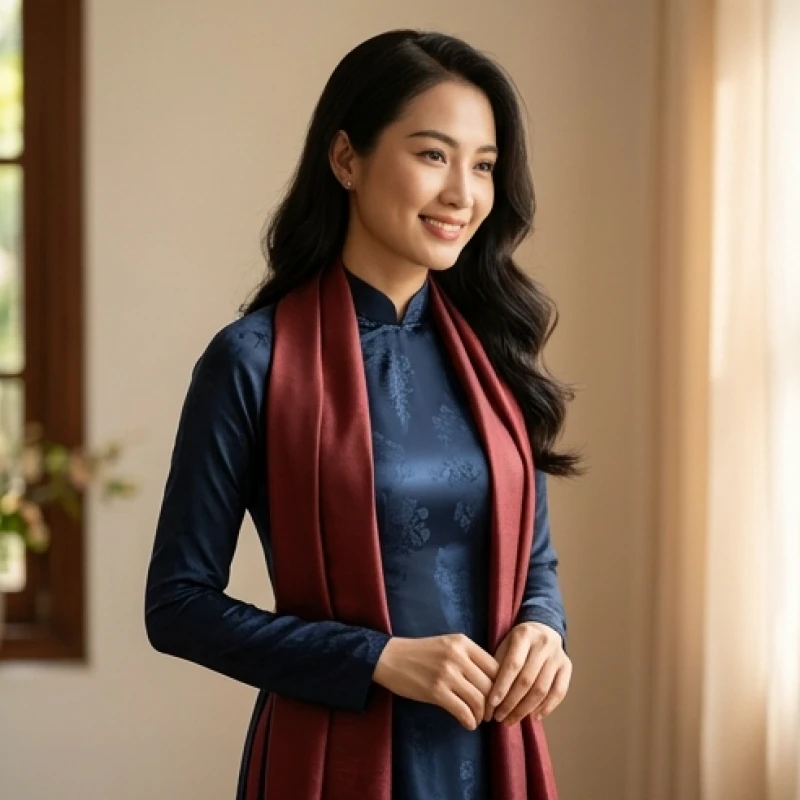 Người phụ nữ thanh lịch diện chiếc khăn lụa màu đỏ tía kết hợp cùng trang phục nền nã