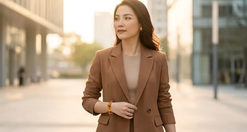 Nữ giới diện trang phục màu nâu đất thanh lịch kết hợp cùng phụ kiện đá màu vàng sậm giúp nạp lại vượng khí tiêu hao