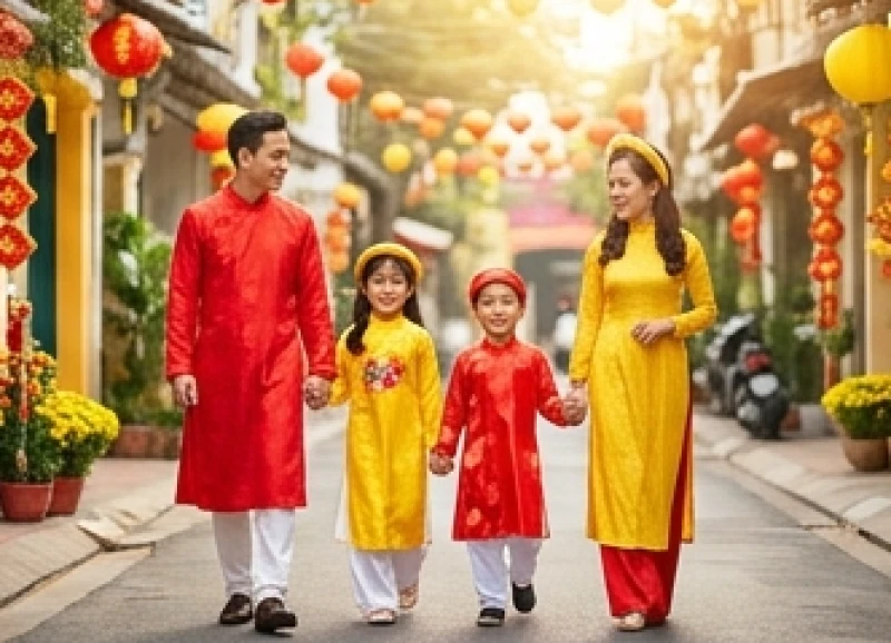 Gia đình mặc trang phục áo dài màu đỏ tươi tắn xuất hành du xuân ngày mùng 1