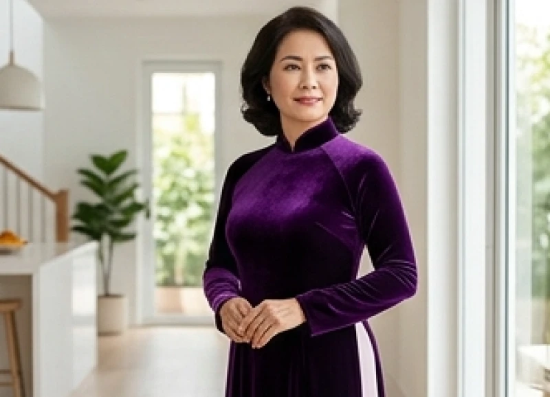 Màu trang phục hợp tuổi Tý: công thức phối riêng nam và nữ 9 Phụ nữ trung niên sang trọng trong chiếc áo dài nhung màu tím Huế truyền thống.