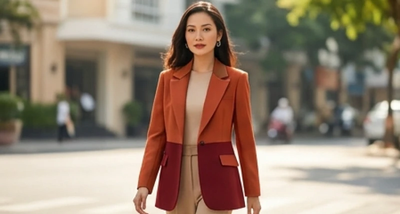 Người mẫu mặc áo khoác màu đỏ cam nổi bật giúp tăng cường vận khí trong năm hành Hỏa
