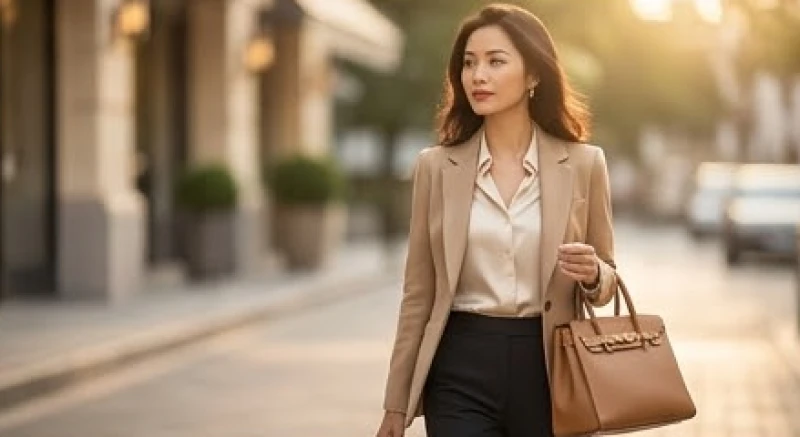 Nữ giới diện trang phục công sở màu be và túi xách nâu nhạt giúp cân bằng năng lượng sao chiếu mệnh