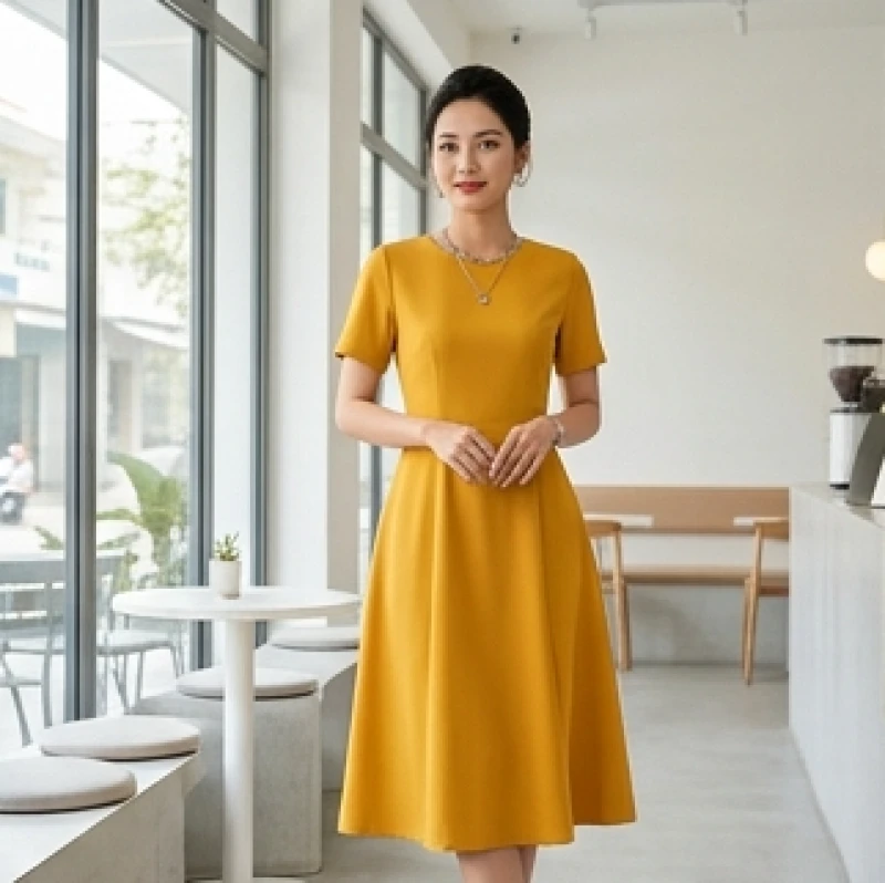 Nữ giới tuổi Mùi mệnh Kim mặc đầm màu vàng mustard kết hợp phụ kiện kim loại