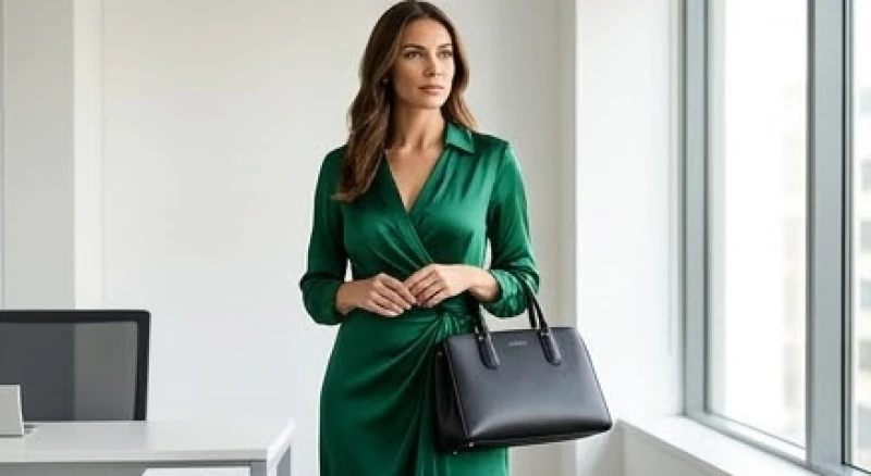 Nữ giới diện trang phục màu xanh ngọc thanh lịch kết hợp cùng các phụ kiện tinh tế mang lại phong thái tự tin