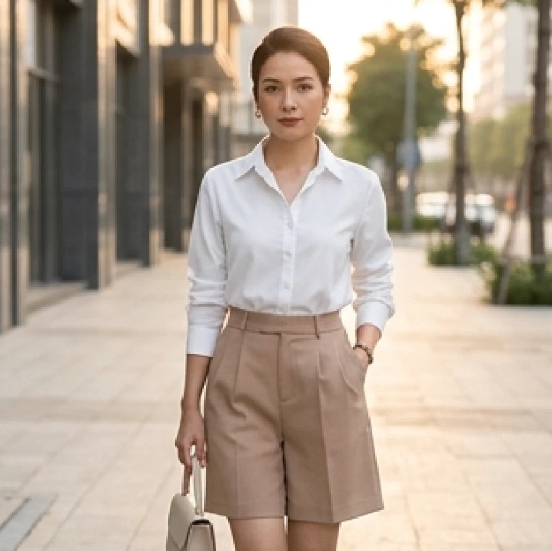 Màu trang phục hợp tuổi Hợi: Tỷ lệ phối đồ nam nữ theo dịp 2 Nữ giới tuổi Tân Hợi mệnh Kim diện áo sơ mi trắng và quần short kaki thanh lịch