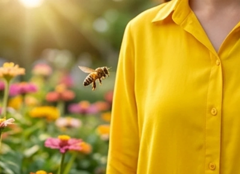 Cô gái mặc chiếc áo màu vàng tươi rực rỡ đứng giữa vườn hoa thu hút sự chú ý của ong mật
