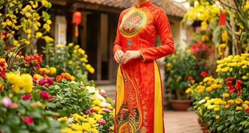 Tuổi Thân kiêng gì trong ngày Tết: chi tiết theo 5 nạp âm 4 Một người diện trang phục áo dài truyền thống màu đỏ tươi đan xen sắc vàng rực rỡ đang mỉm cười đón xuân