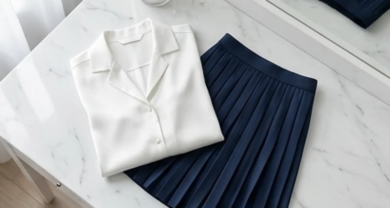 Áo lụa nữ màu trắng phối cùng chân váy xanh dương sẫm đặt gọn gàng trên bàn trang điểm mặt đá