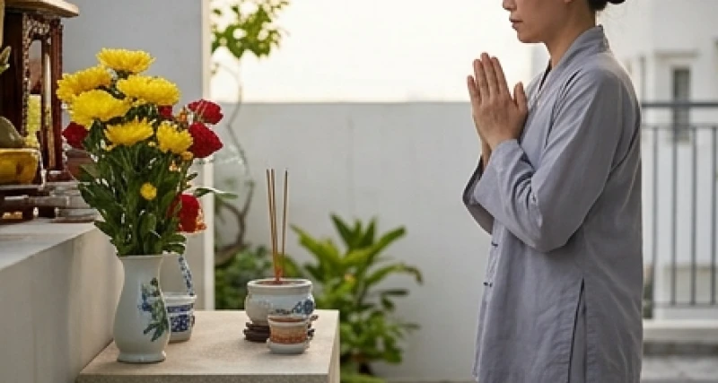 Người hành lễ mặc trang phục giản dị và kín đáo khi đứng thắp hương vọng bái tại gia