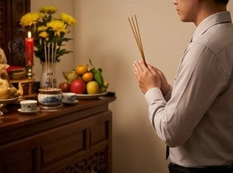 Văn khấn rằm Trung Thu: Bài cúng Thần linh, Gia tiên và ngoài trời 9 Người nam mặc áo dài tay trang nghiêm khi chắp tay thắp hương trước ban thờ