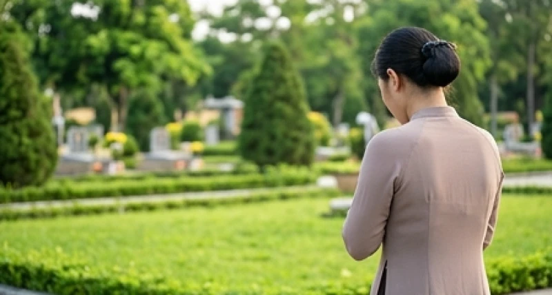 Khách đến viếng mặc áo sơ mi và quần âu lịch sự chắp tay trước đài tưởng niệm