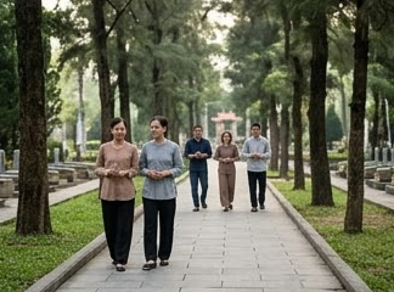 Đoàn khách hành hương mặc áo sơ mi và quần dài kín đáo khi đi lại trong nghĩa trang Hàng Dương