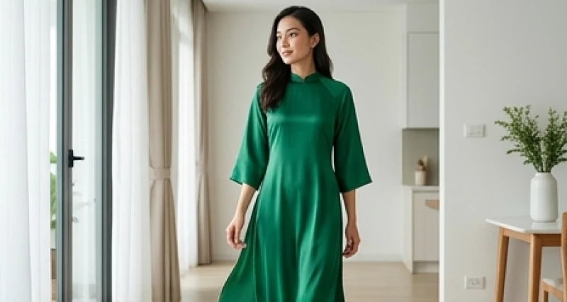 Thiếu nữ diện váy lụa suông màu xanh lá cây thanh lịch đón tài lộc ngày mùng một đầu tháng
