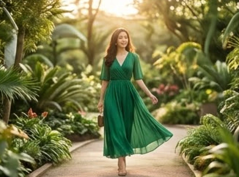 Set đồ thời trang nữ tính với chiếc đầm liền thân màu xanh lục bảo rực rỡ