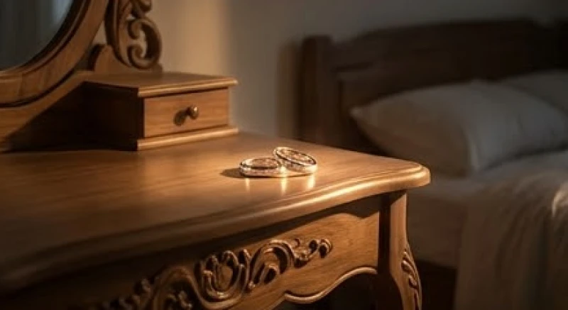 Đôi nhẫn lấp lánh đặt cạnh nhau trên bàn trang điểm tượng trưng cho sự gắn kết tình cảm sau khi mơ thấy số 13
