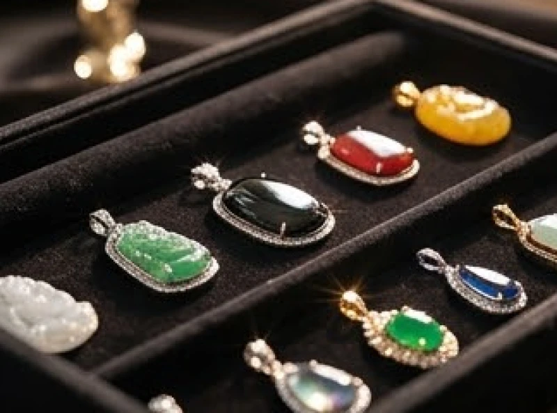 Bộ sưu tập các mặt dây chuyền đá quý phong thủy được trưng bày tinh tế trong khay lót nhung đen