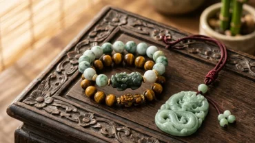 Các mẫu trang sức phong thủy cho tuổi thân chế tác từ đá tự nhiên cao cấp trên bàn gỗ trắc