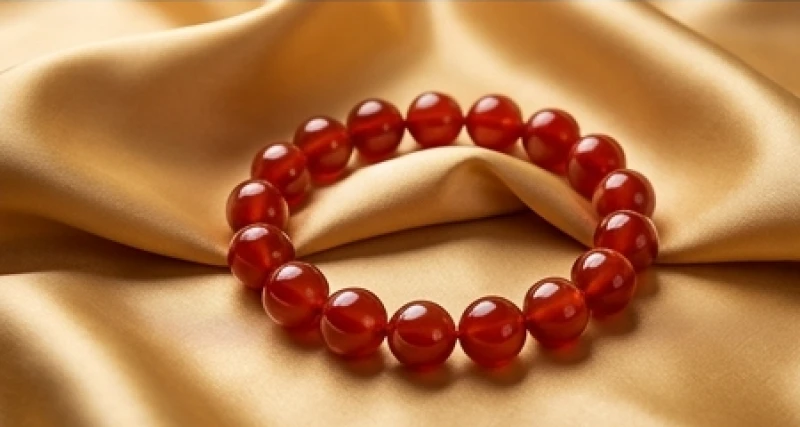 Vòng tay phong thủy bằng đá mã não đỏ hộ mệnh được đặt trang trọng trên nền lụa vàng lấp lánh