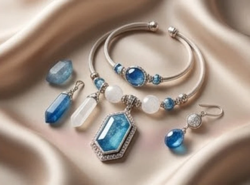 Bộ trang sức phong thủy đính đá màu xanh dương và trắng sáng được bài trí trên nền vải lụa mềm mại