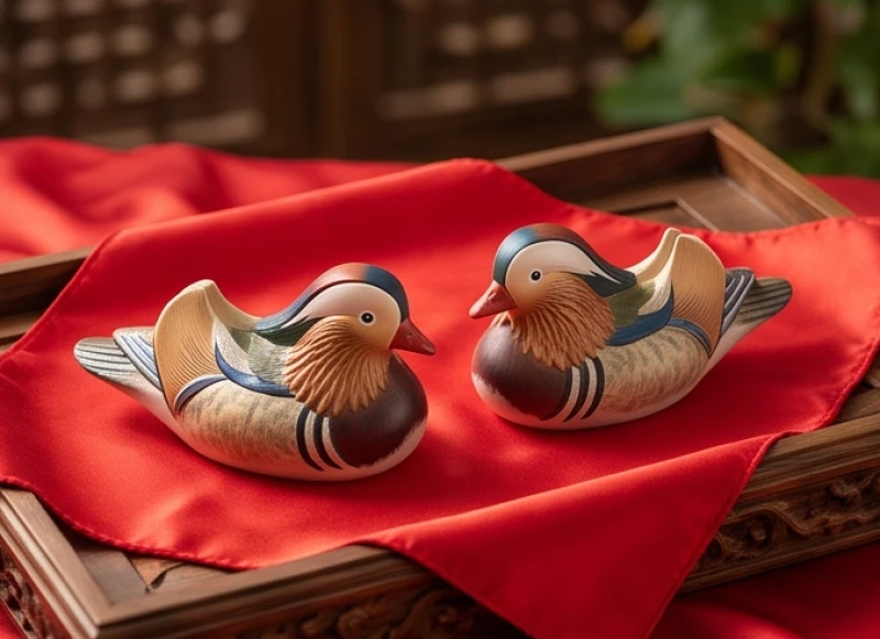 Đôi uyên ương bằng gốm sứ đặt trên bàn tượng trưng cho sự gắn kết tình cảm gia đạo