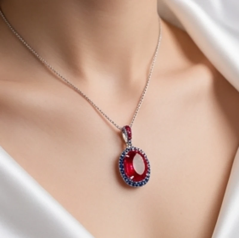 Mặt dây chuyền đá Ruby đỏ rực rỡ kết hợp tinh tế cùng dải đá Sapphire xanh dương cho phái đẹp
