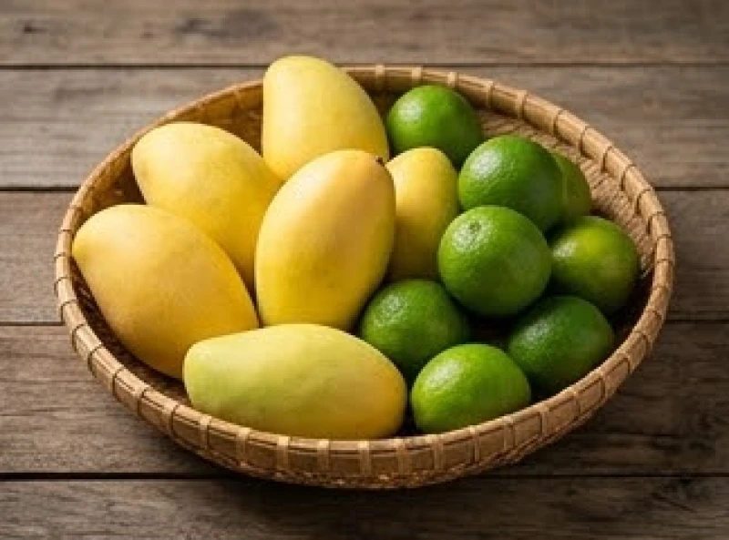 Rổ mây tre đan đựng nhiều loại quả khác nhau bao gồm xoài chín vàng óng và những trái chanh còn xanh