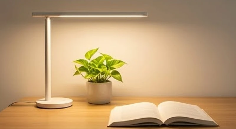 Hướng bàn học cho trẻ tuổi Ất Tỵ 2025: Chuẩn Cung Phi nam nữ 7 Đèn học LED chống cận với ánh sáng trung tính màu vàng nhạt được bật sáng trên chiếc bàn gỗ