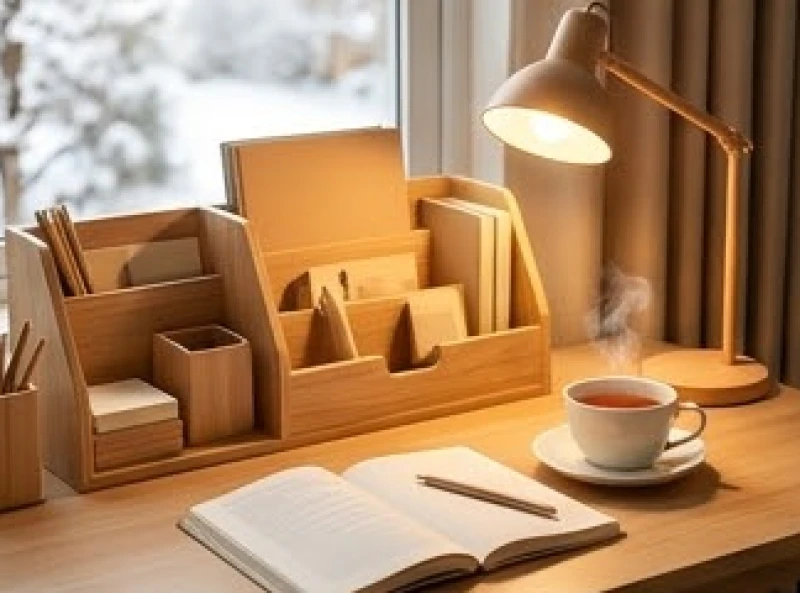 Không gian học tập được trang bị đèn ánh sáng vàng và đồ trang trí bằng gỗ tự nhiên