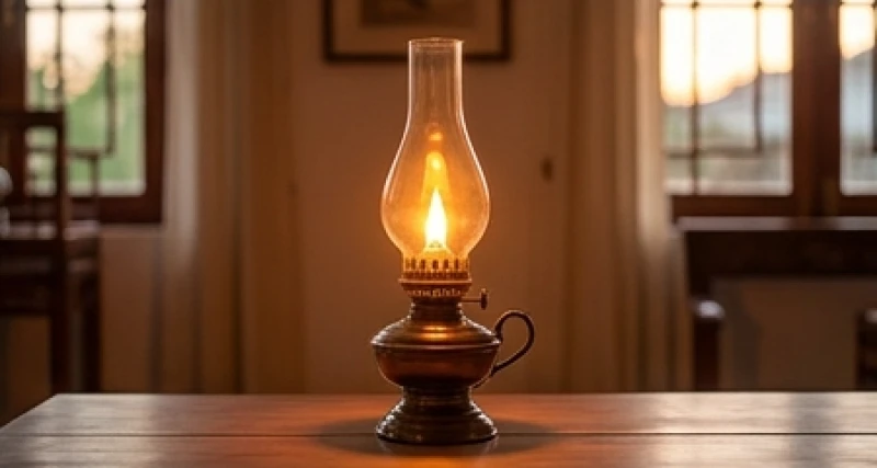 Ngọn đèn dầu cổ điển cháy rực rỡ tỏa ánh sáng ấm áp trong không gian tĩnh lặng đại diện cho Phúc Đăng Hỏa