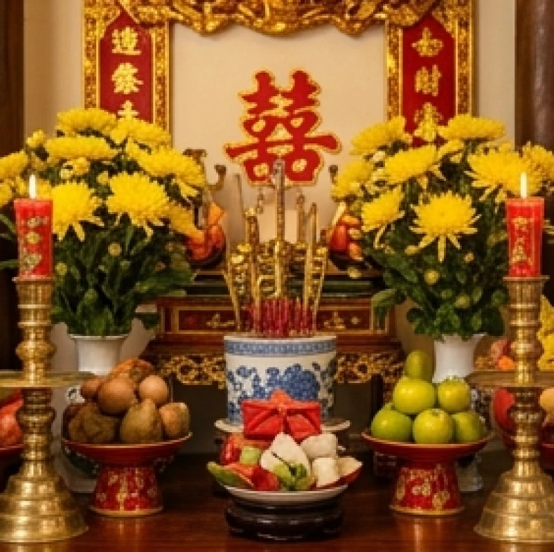Tuổi Dần nên cưới vào năm nào: Cách tự tính Kim Lâu và mốc đại cát 8 Bàn thờ gia tiên ngày cưới được bày biện hoa cúc vàng rực rỡ và nến đỏ ấm áp, thể hiện sự trưởng thành và viên mãn gia đạo