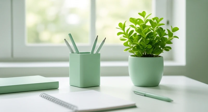 Góc học tập được trang trí tinh tế với chậu cây xanh nhỏ và khay cắm bút màu xanh lá mạ