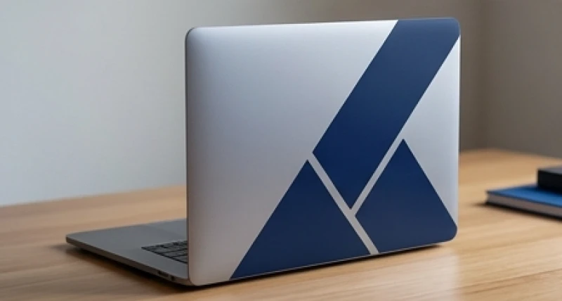 Mặt lưng của chiếc máy tính xách tay màu xám bạc được dán trang trí bằng decal màu xanh navy sẫm