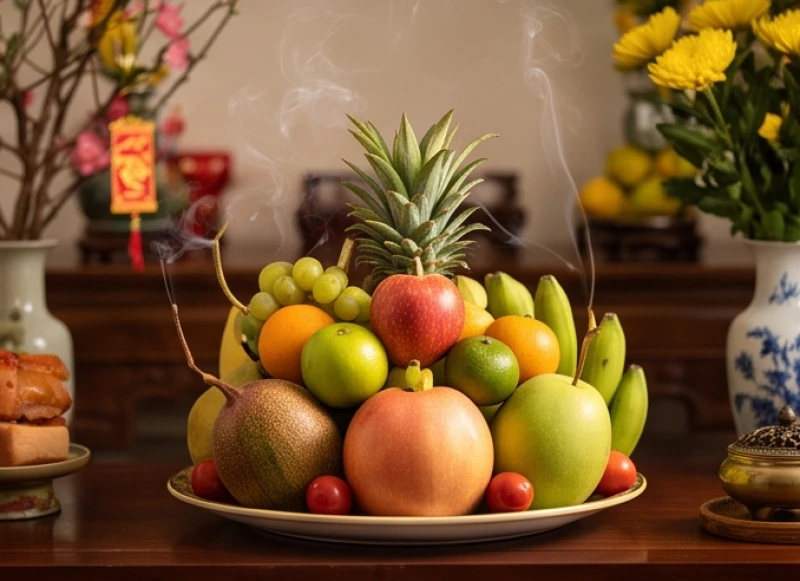 Mâm ngũ quả ngày Tết được sắp xếp hài hòa mang ý nghĩa cân bằng âm dương và sinh sôi nảy nở