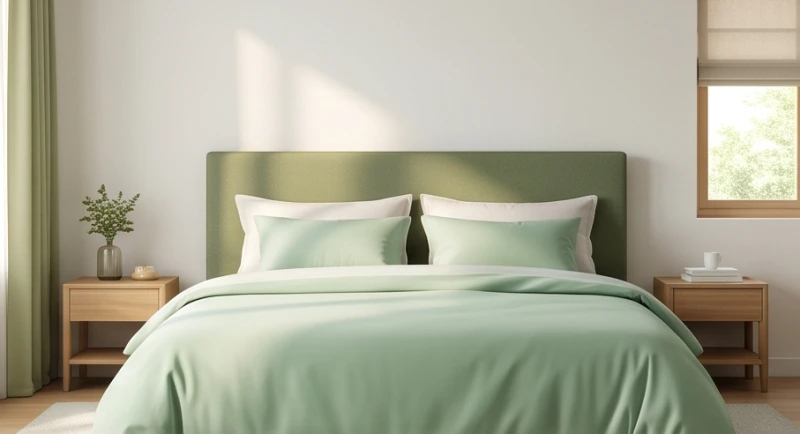 Không gian phòng ngủ êm ái được phối tông màu xanh rêu và xanh lá pastel thanh lịch dành cho người mệnh Mộc