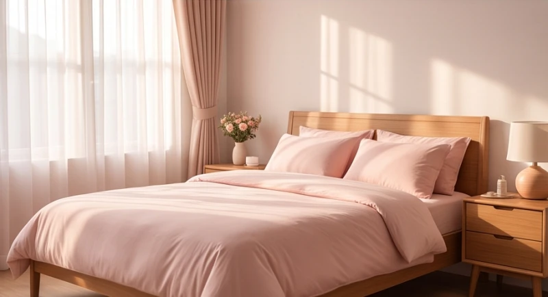 Không gian phòng ngủ êm ái sử dụng tông màu hồng phấn pastel giúp trung hòa năng lượng xung khắc ngũ hành