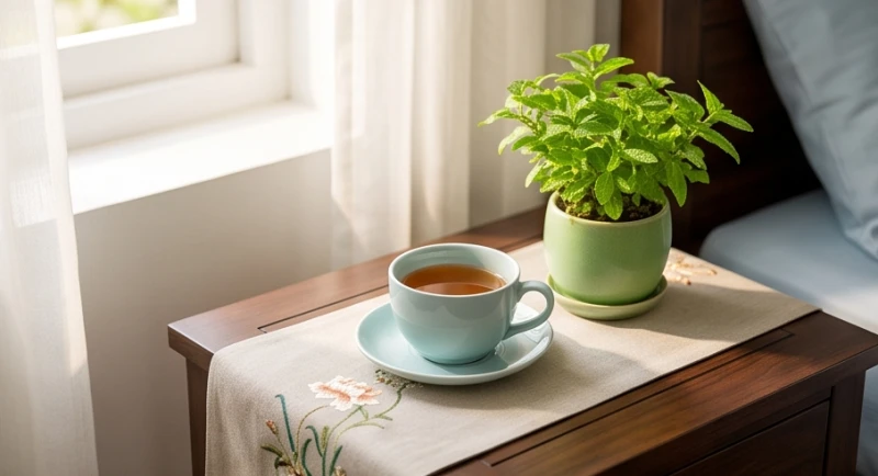 Không gian sống có nhiều cây xanh nhỏ và đồ dùng mang màu sắc của nước tạo cảm giác tươi mát